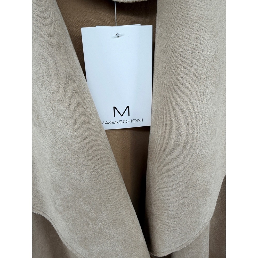 Magaschoni Women Tan Faux Suede Draped Open Front Belted Wrap Coat Jacket Small - Picture 4 of 5